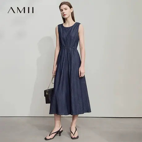 AMII【文艺复古】25夏文艺复古无袖牛仔连衣裙收腰显瘦长款连衣裙图片