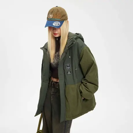 复古潮牌拼接连帽棉服女加厚冬季工装外套2023年新款宽松保暖棉衣图片