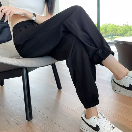 黑色冰丝西装裤女夏季薄款高腰宽松显瘦百搭休闲九分束脚灯笼裤子图片