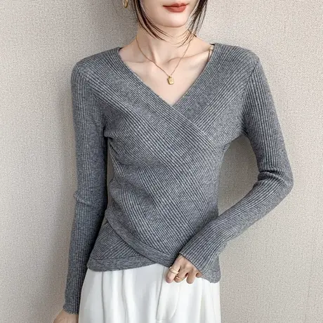 法式小香风交叉V领长袖针织衫女2023早秋新品西装内搭修身打底衫图片