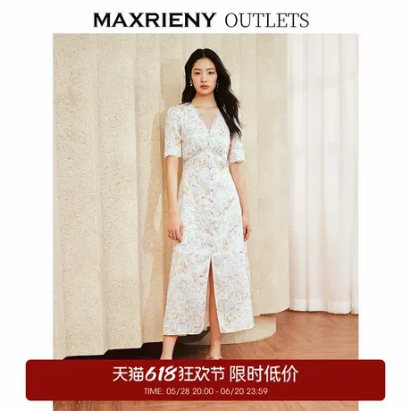 【奥莱】MAXRIENY浪漫复古感蕾丝钉珠连衣裙V领开叉长裙图片
