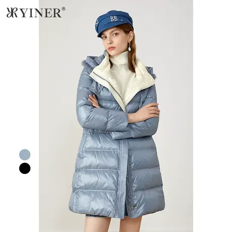 YINER音儿商场同款女装2021冬季新款水貂毛帽檐连帽羽绒服图片