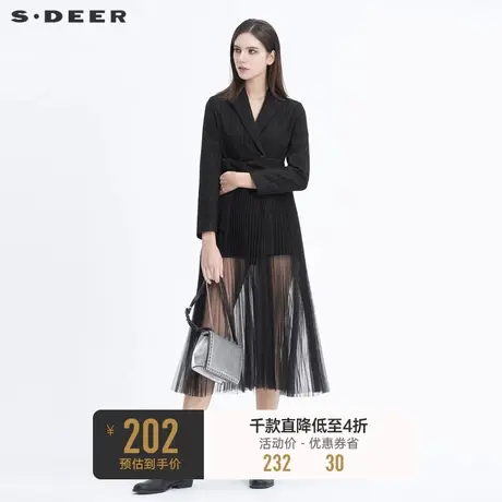 sdeer圣迪奥休闲平驳领撞色条纹网纱拼接收腰长款外套S20461810商品大图