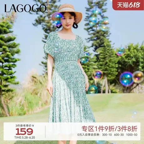 LAGOGO法式气质方领系带连衣裙女拉谷谷春夏新款雪纺碎花收腰长裙图片