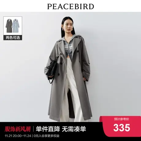 太平鸟女装翻领垂坠风衣外套2023年秋季新款双排扣直筒风衣大衣图片