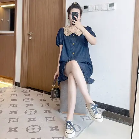 娃娃领牛仔连衣裙女夏遮肚子减龄显瘦休闲宽松小个子裙子大码胖mm图片