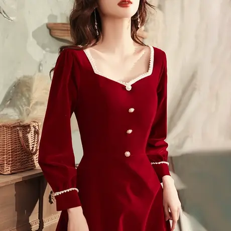 长袖敬酒服新娘2024新款大气冬季结婚红色订婚礼服女平时可穿丝绒图片