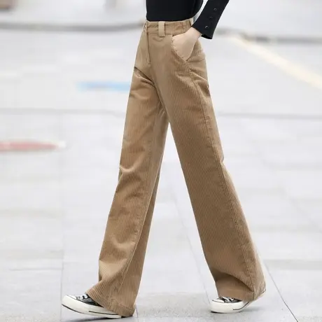 卡其色灯芯绒裤子女秋冬加绒高腰阔腿裤2023新款直筒休闲女裤条绒图片