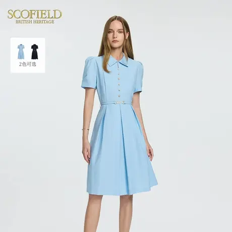 Scofield女装气质翻领复古收腰通勤减龄喇叭连衣裙夏季裙子图片