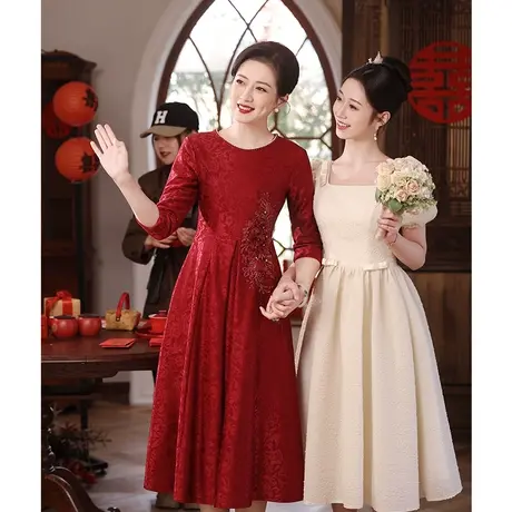 年轻妈妈晚礼服婚宴装小个子秋冬新款年轻喜婆婆婚礼喜服洋气优雅图片