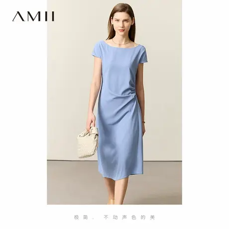 Amii2025夏极简新款乱麻雪纺一字领船领连肩短袖纯色修身连衣裙女图片