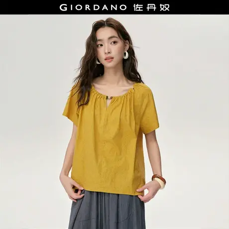 设计师款佐丹奴宽松衬衫女纯棉镂空串珠圆领插肩短袖衬衫18345817图片
