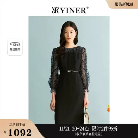 YINER音儿专选秋季女装法式优雅假两件小黑裙泡泡袖连衣裙图片