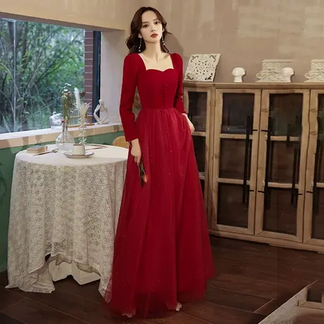 长袖敬酒服新娘2024新款秋冬季酒红色结婚晚礼服裙女宴会气质纱裙图片