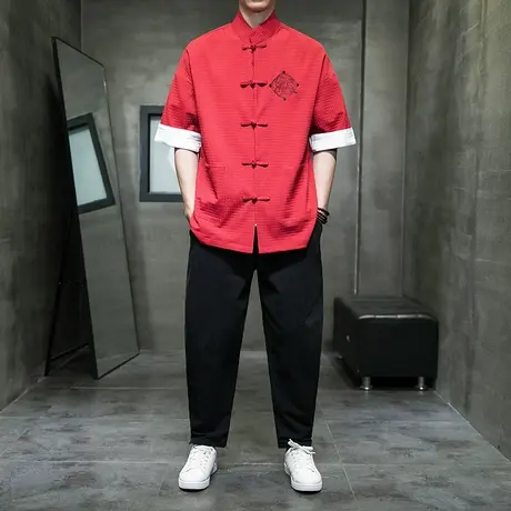 新中式唐装男款中国风男装中式盘扣冰丝短袖衬衫男搭配衣服一套潮图片