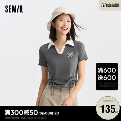森马POLO衫女短款设计感绑带美式复古辣妹夏季修身印花上衣小心机图片