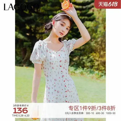 LAGOGO高腰碎花泡泡袖连衣裙女拉谷谷春夏新款法式气质方领长裙图片