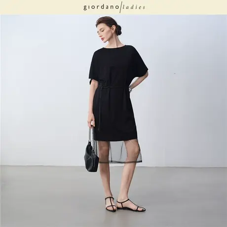 GL2025夏季新款裙子女后幅针织缎带点缀宽松短袖连衣裙女02465035图片