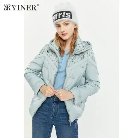 *YINER音儿奥莱女装冬季短款绣花连帽加厚羽绒服图片