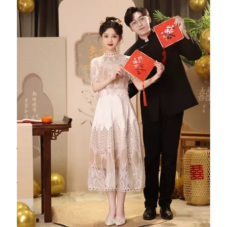 订婚礼服裙夏季蕾丝设计感敬酒服新娘高级感回门服连衣裙领证白色图片