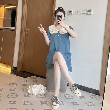 减龄荷叶边法式小个子娃娃领牛仔连衣裙女夏遮肚子显瘦大码胖mm图片