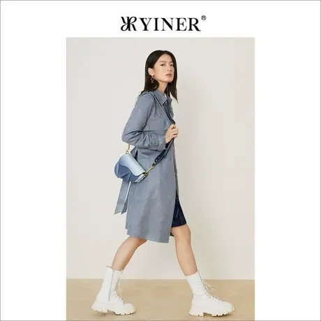颜色错误-YINER音儿2022春新款中长款菱格印花西装领风衣图片