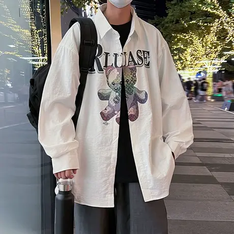 潮流宽松春季衬衫男长袖潮牌小熊印花嘻哈外套休闲翻领开衫衬衣服图片