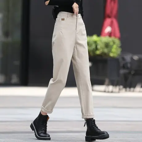 米白色裤子女2023新款老爹哈伦裤加绒女裤休闲裤萝卜秋冬季小个子图片