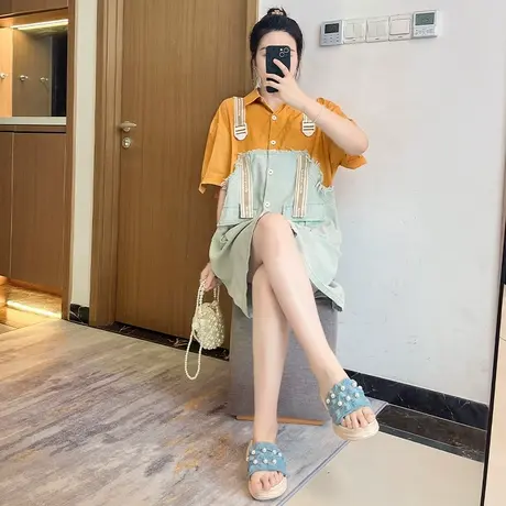 黄色衬衫拼接假两件牛仔连衣裙女夏季2025新款休闲减龄大码胖mm图片