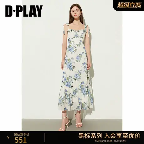 DPLAY【黑标】夏季度假蓝色印花系带雪纺吊带裙蓝色连衣裙女图片