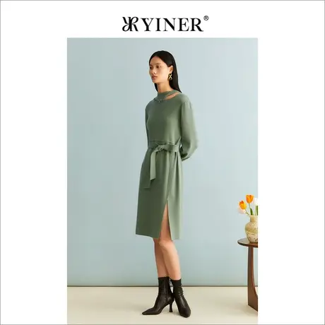 YINER音儿女装冬季钉珠领纯绵羊毛法式系带针织连衣裙图片