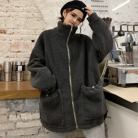 羊羔毛卫衣女2020秋冬宽松韩版潮ins设计感小众上衣加绒加厚外套图片