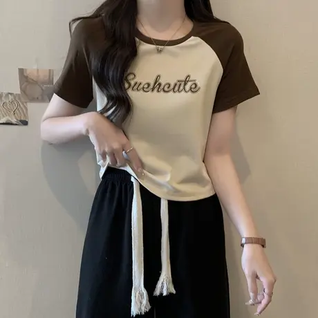 ins超火插肩袖短袖T恤女夏季2023新款小个子修身短款半袖上衣服潮图片
