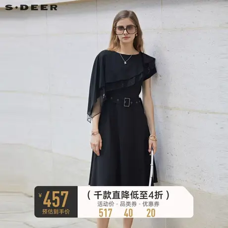 sdeer圣迪奥女装圆领网纱荷叶边收腰连衣裙S232Z12S6图片