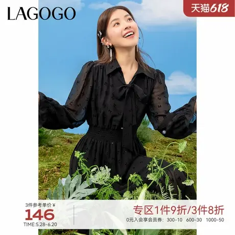 LAGOGO高腰气质雪纺连衣裙女拉谷谷春新款复古松紧修身系带A字裙图片