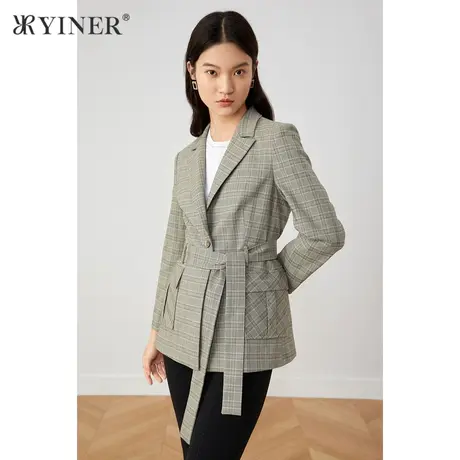 YINER音儿奥莱女装秋季西装领收腰格子短外套图片