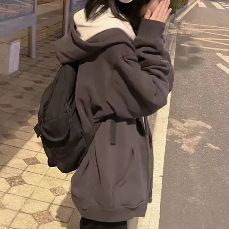 oversize卫衣女2023春秋季设计感小众薄款慵懒风连帽开衫拉链外套图片