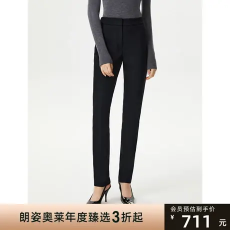朗姿年冬季新款休闲裤女高腰黑色直筒九分裤设计感修身通勤图片