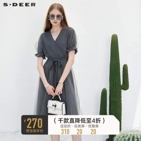 sdeer圣迪奥女装V领收腰网纱泡泡袖连衣裙S232Z12KM图片