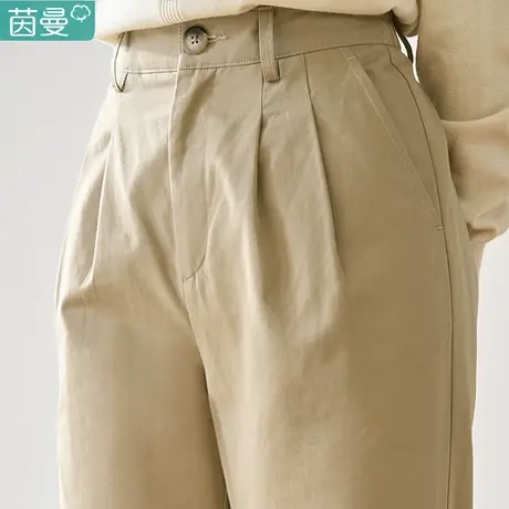 茵曼卡其色高腰休闲裤女士2023年秋季新款宽松显瘦纯棉直筒长裤子图片