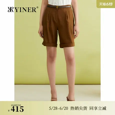 YINER音儿专选2024夏季新款时尚亚麻混纺美拉德休闲短裤图片