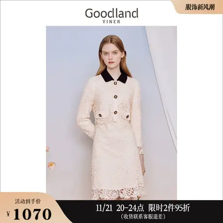 Goodland美地女装2023秋季撞色小A摆假两件镂空蕾丝连衣裙图片