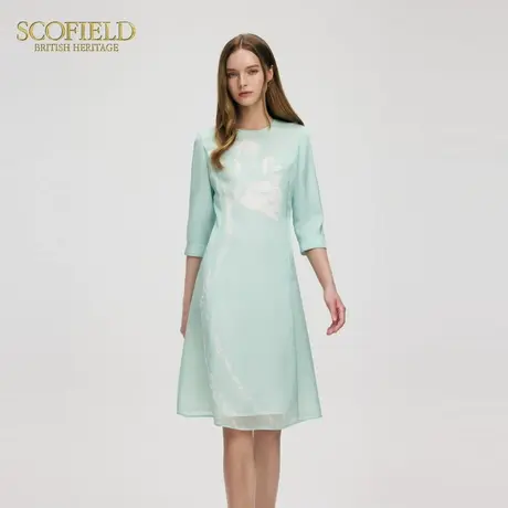 Scofield女装知性雅韵连衣裙欧根纱印花五分袖裙子2025夏季新品图片