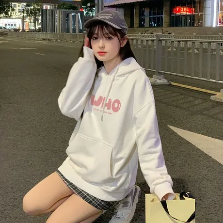 唐狮2023秋冬新款女卫衣加绒加厚连帽宽松慵懒风卫衣外套美式帽衫图片