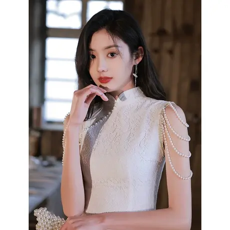 旗袍小晚礼服连衣裙夏季白色生日订婚领证登记轻奢小众高端肩流苏图片