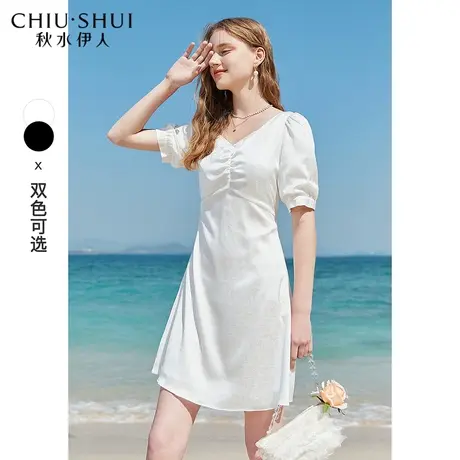 秋水伊人2021年夏装新款女装时尚质感纹理修身高腰方领短款连衣裙图片