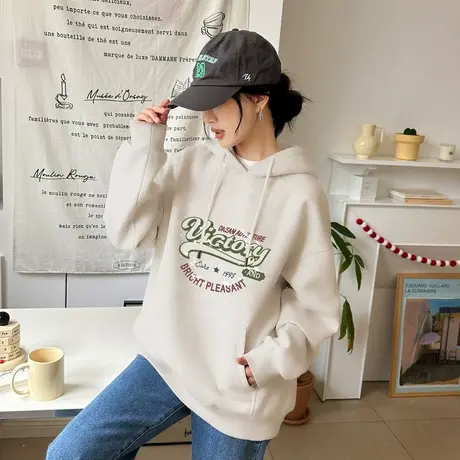 唐狮2023秋冬新款女卫衣加绒美式连帽宽松卫衣胸前印花上衣厚图片