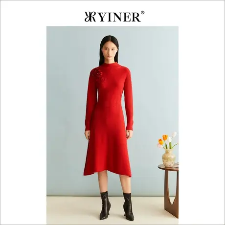 【中国红】YINER音儿女装冬季安可拉红羊绒绵羊毛连衣裙图片