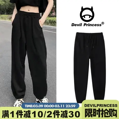 美式黑色运动裤女秋冬2025新款宽松束脚休闲加绒卫裤小个子阔腿裤图片