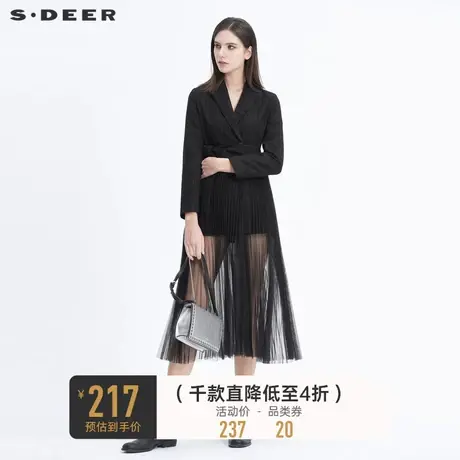 sdeer圣迪奥休闲平驳领撞色条纹网纱拼接收腰长款外套S20461810图片